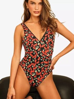 Dippin daisy’s black Cherry Print V-Neck One-Piece Swimsuit